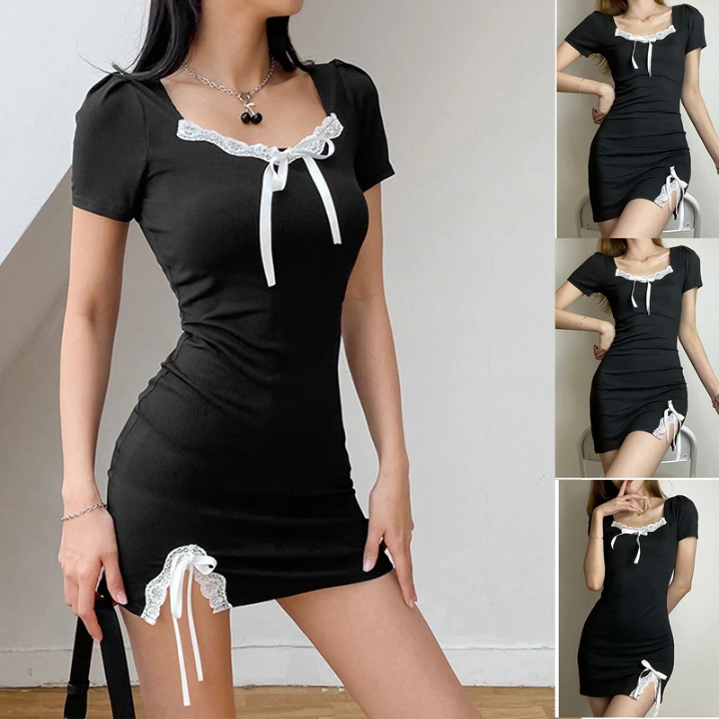 

Summer Square Neck Retro Lace Patchwork Elegant Bodycon Dress Streetwear Ladies Short Sleeve Mini Dresses Gothic