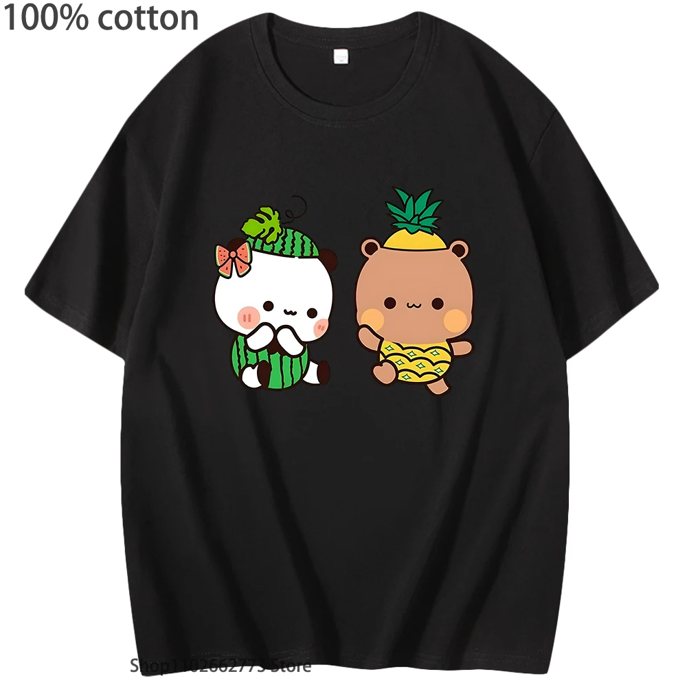 

Kawaii Graphic T-Shirts Couple Fruits Couple Dudu Pineapple and Bubu Watermelon Shirt Cute Panda Bear Women Men 100% Cotton Tees