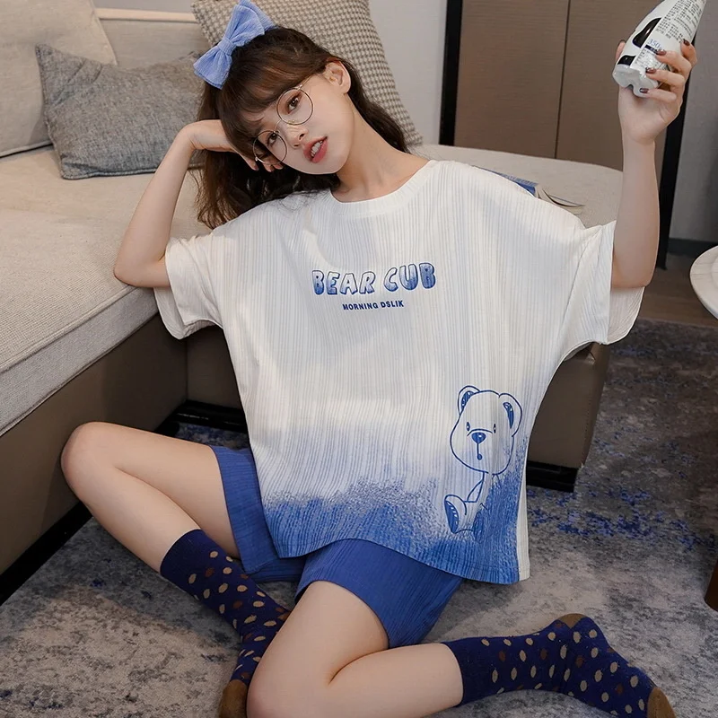 Summer 2022 New Style Pajamas Women's Short Sleeved Shorts Pure Cotton  Cartoon Cute Girls Can Wear Home Clothes Outside