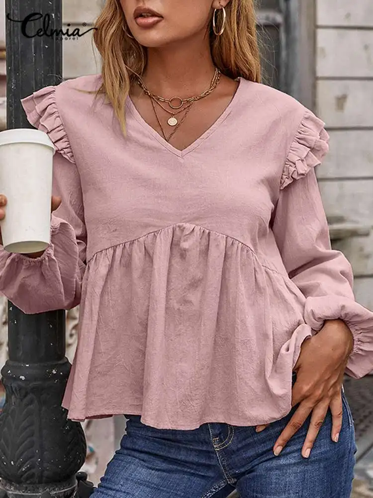 

Блузка Celmia Женская тонкая с пышными рукавами, модный топ с баской и оборками на подоле, Элегантная туника с V-образным вырезом, однотонная по...