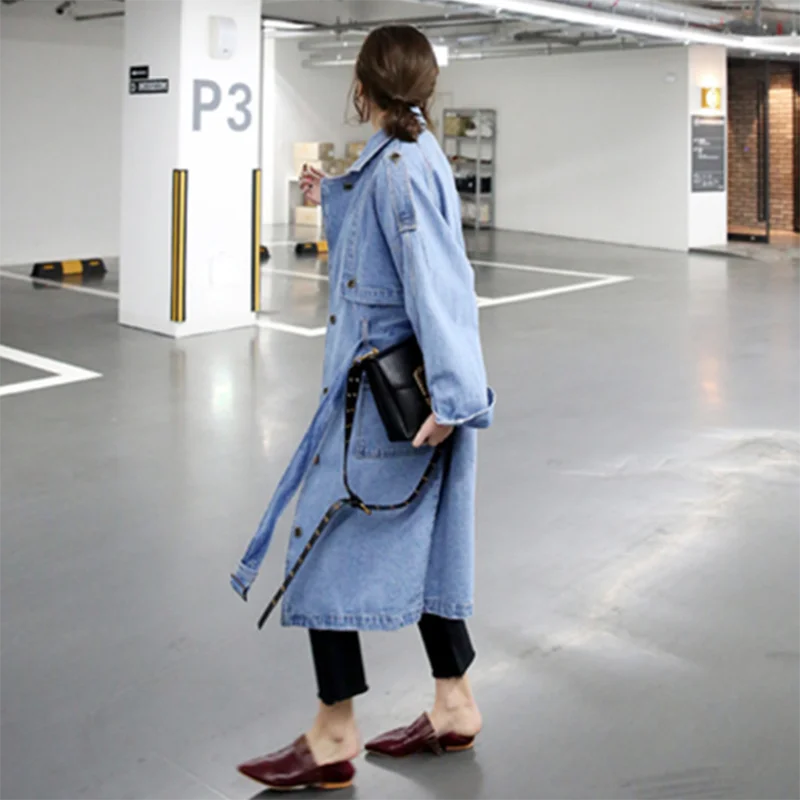 Корейский пояс свободный джинсовый плащ женское длинное однобортное пальто