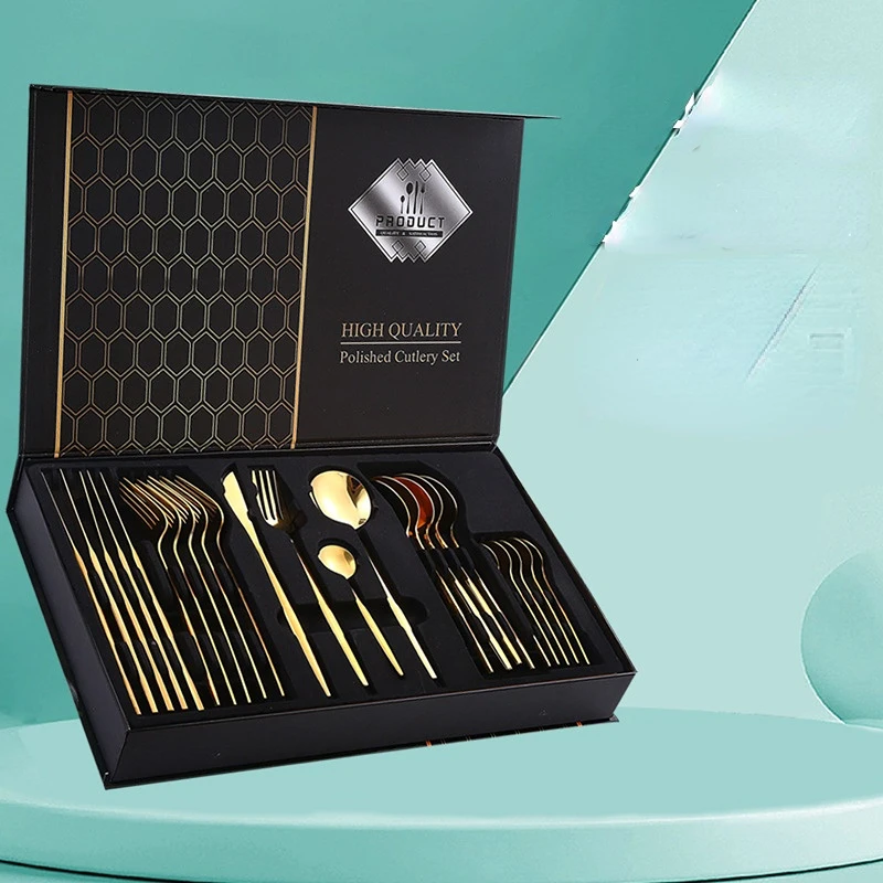 

24Pcs Black Handle Golden Cutlery Set Stainless Steel Knife Fork Spoon Tableware Flatware Set Festival Kitchen Dinnerware Gift