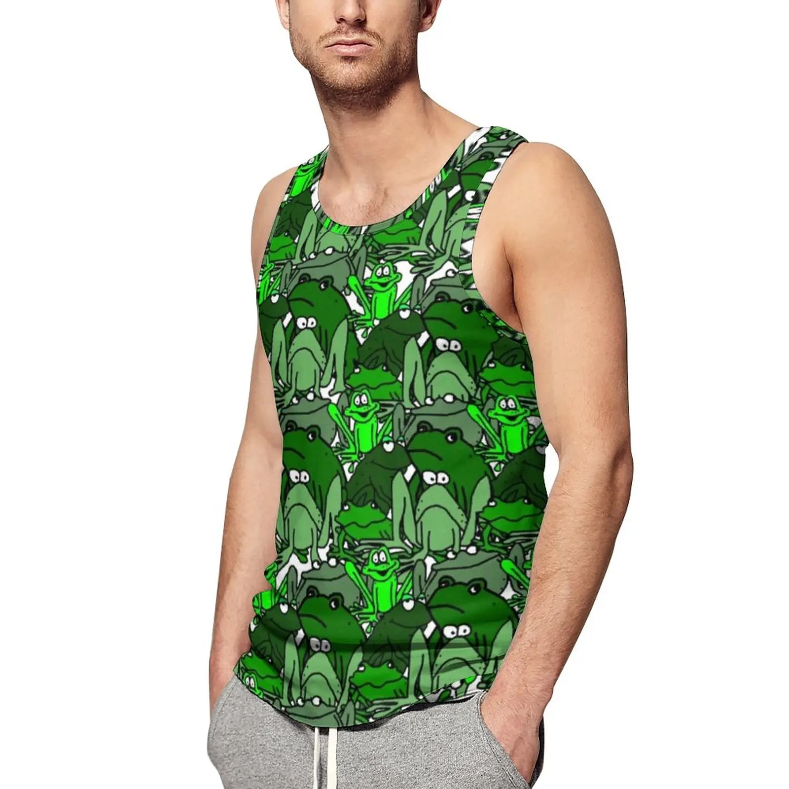 

Frog Cartoon Summer Tank Top Funny Many Frogs Green Pattern Gym Tops Males Printed Vintage Sleeveless Shirts Plus Size