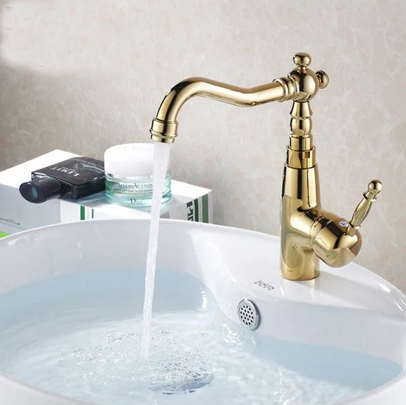 

Luxury Gold Color Brass Bathroom Kitchen Sink Basin Faucet Mixer Tap Swivel Spout Deck Mounted Single Handle mgf005