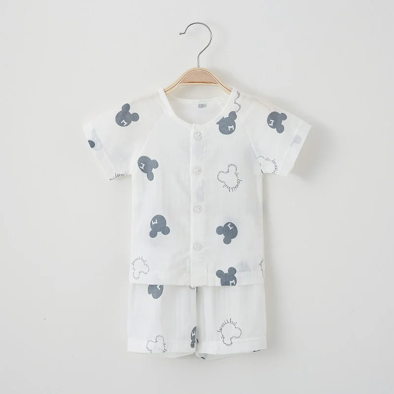 

Summer Clothing Sets Organic Double Gauze Cotton Home Wear Kids Sleepwear Suit Summer Kids Pajama Short Sleeve Shorts Suit White