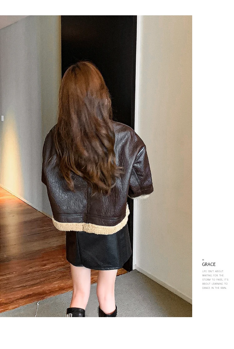 Women High Quality Black Motorcycle Jacket Thermal Padded Warm Parkas Short Design Lamb Fur Flight Coat black korean brown