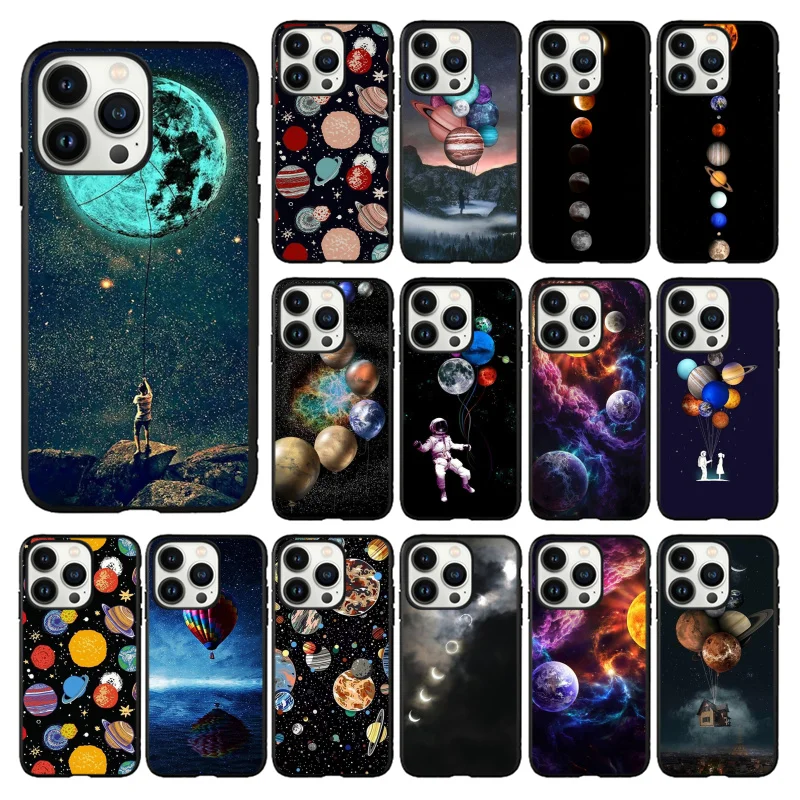 

Moon Stars Space Astronaut Phone Case for iPhone 14 13 12 11 Pro MAX X XS Max XR Mini SE 7 8 Plus Black Funda Coque Case