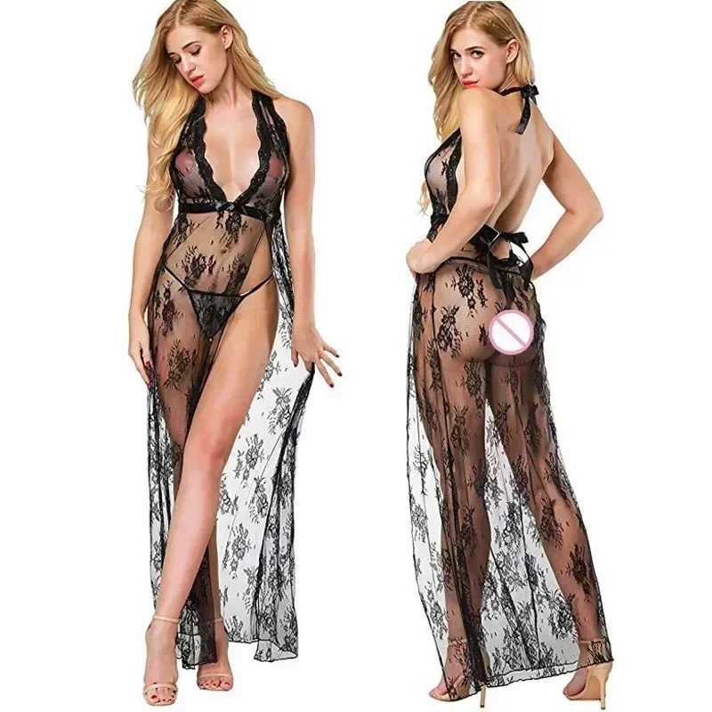 Сексуальная одежда для сна взрослых костюм с лямкой на шее длинное платье