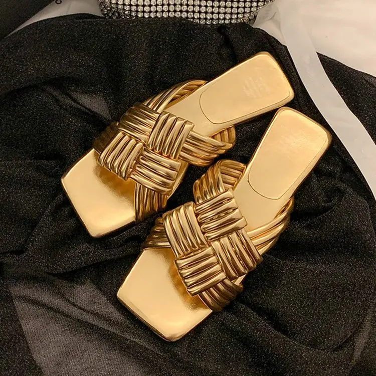 

New Design Weave Knitting Women Gold Flats Slippers Casual Fashion Lady Outside Beach Flip Flops Violet Slides Sandals Shoes