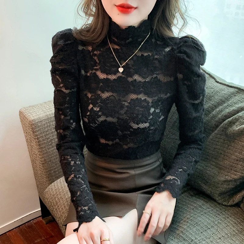 

Осенние Топы с длинным пышным рукавом, Женская сексуальная черная ажурная рубашка, элегантная кружевная блузка с высоким воротником, приталенная одежда, блузы 29175