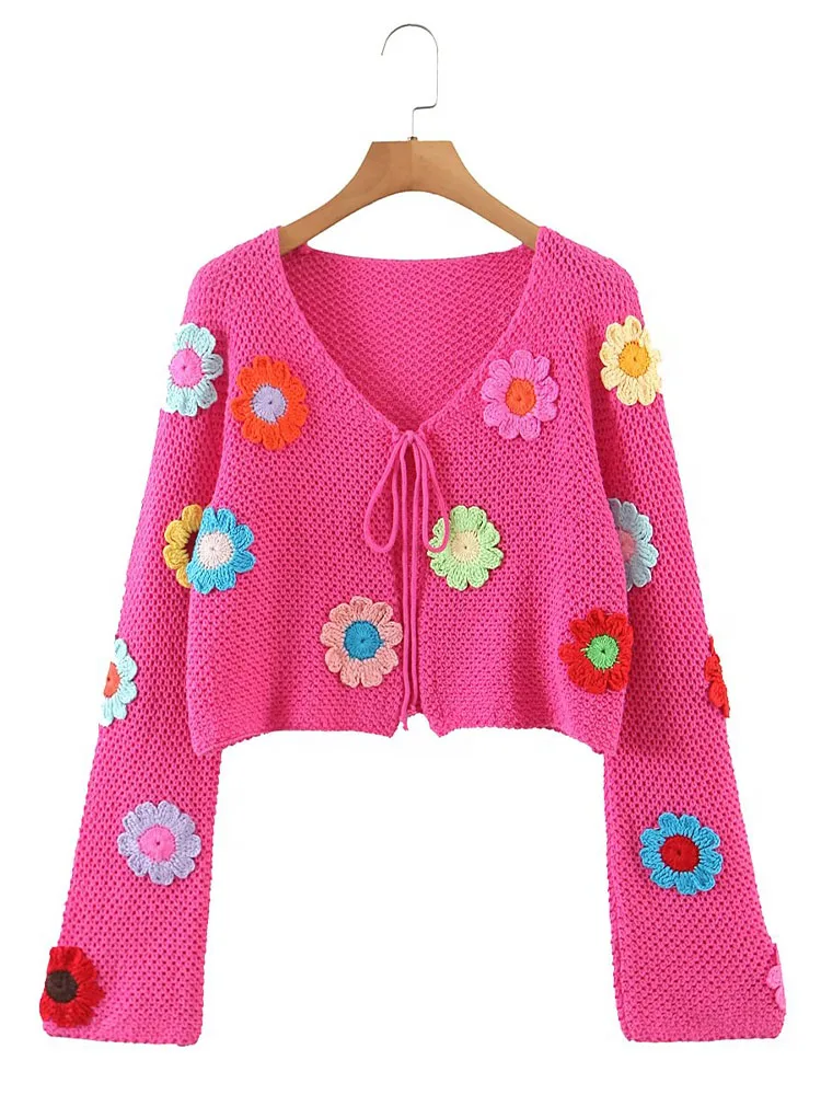 

Women 2022 Autumn New Fashion handmade floral lace-up Cardigan Coat Vintage Long Sleeve Female Outerwear Chic Tops