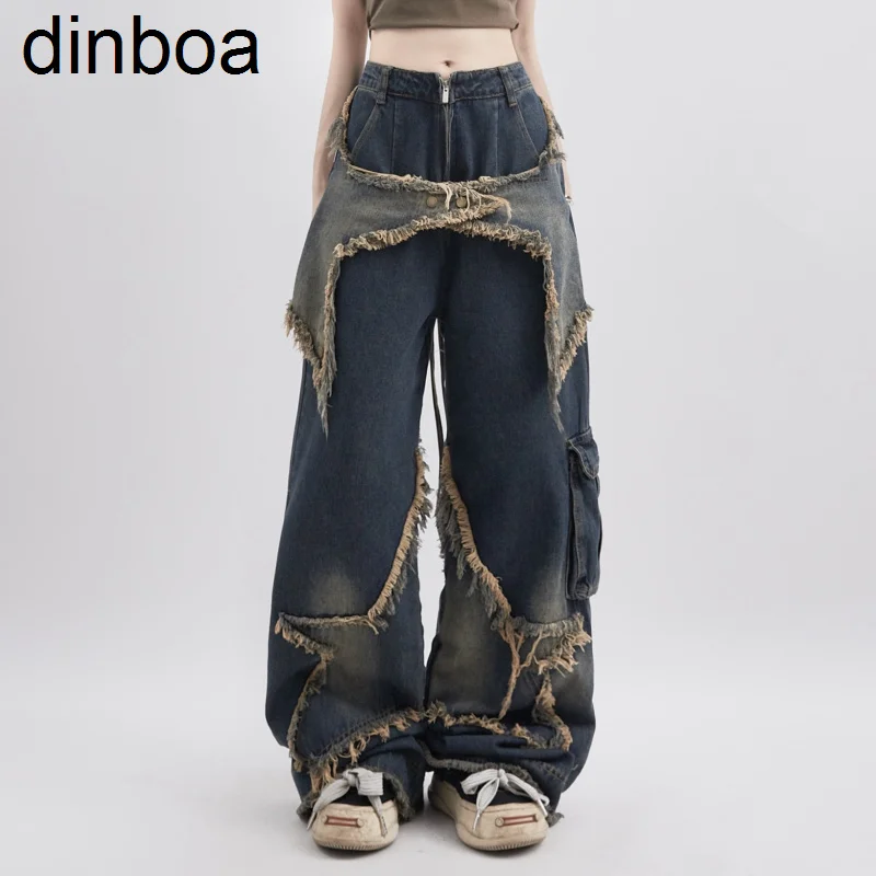 

Women Blue Jeans Contrasting Colors High Waist American Street Wide Leg Pants Fashion Hip Hop Vintage Straight Autumn Trousers
