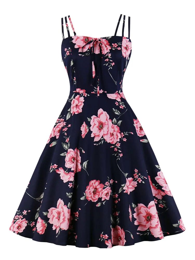 

Женское винтажное платье на тонких бретельках, элегантное платье в стиле 50-х годов с бантом спереди и трапециевидной юбкой с цветочным рису...