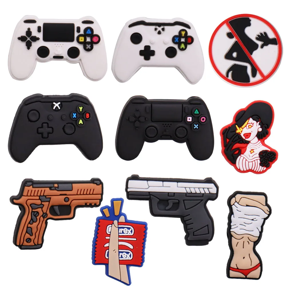 

1-10Pcs Speical Charms Decorations PVC Gamepad Shoe Charms Pistol Submachine Gun DIY Buckle Clog Croc Jibz Kids Women Gifts