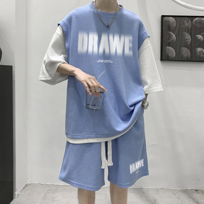 

Fuzzy Printing Suit Men's Korean-Style Trendy Summer Casual Sports Fake Two-Piece Top Short Sleeve Shorts with Handsome