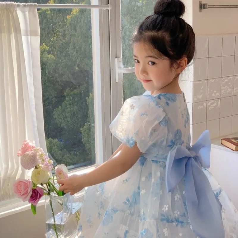

Платье для девочек, Новинка лета 2023, детское пышное платье принцессы с рукавами-фонариками, модное платье из пряжи для маленьких девочек