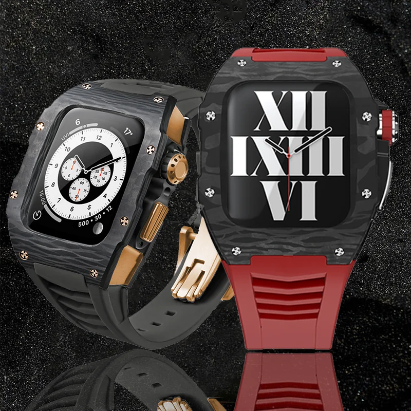 Luxury Carbon Fiber Case for Apple Watch 8 7 45mm Modification Kit for Iwatch Series 44MM 7 6 5 4 SE Stainless Steel Accessories