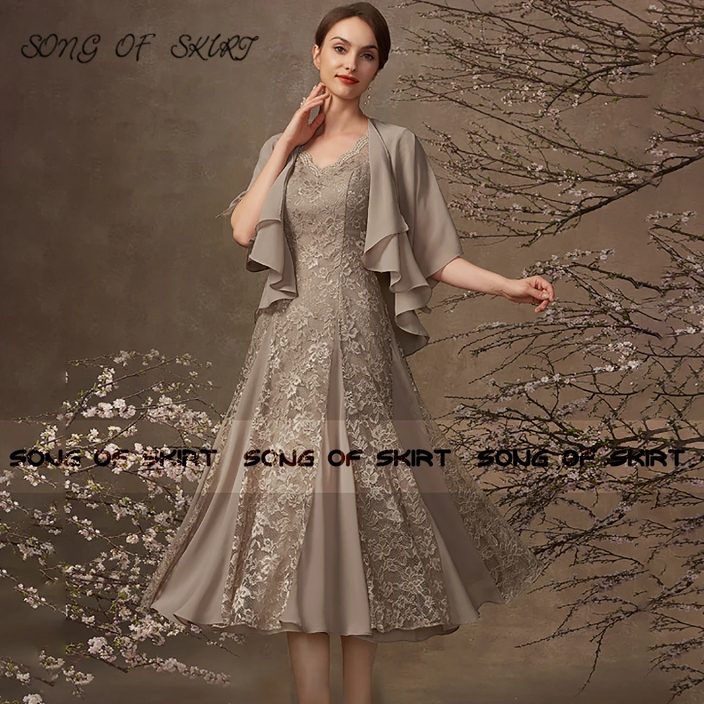 

Elegant A Line Mother Of Bride Dresses Lace Chiffon Tea Length Mom Wedding Guests Evening Formal Gown Robe De Soirée Femme
