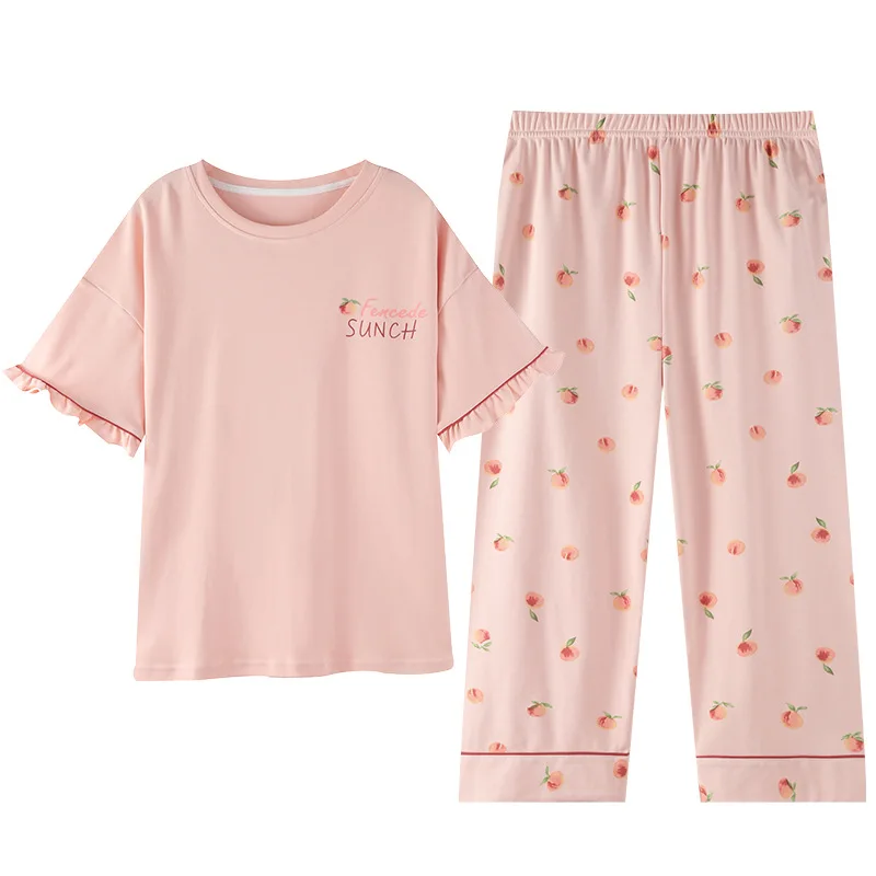 Pajamas for Women's Spring and Summer Korean Cotton Short-sleeved Cropped Pants Round Neck  Pullover Home Suit Casual Sleepwear