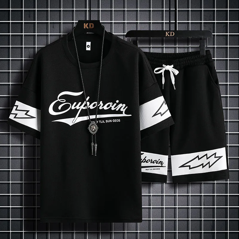 2023 New Short-Sleeved T-shirt Men's Shorts Summer Trendy Letter Printed Men's Top Loose Casual Fashion Brand T-shirt Suit