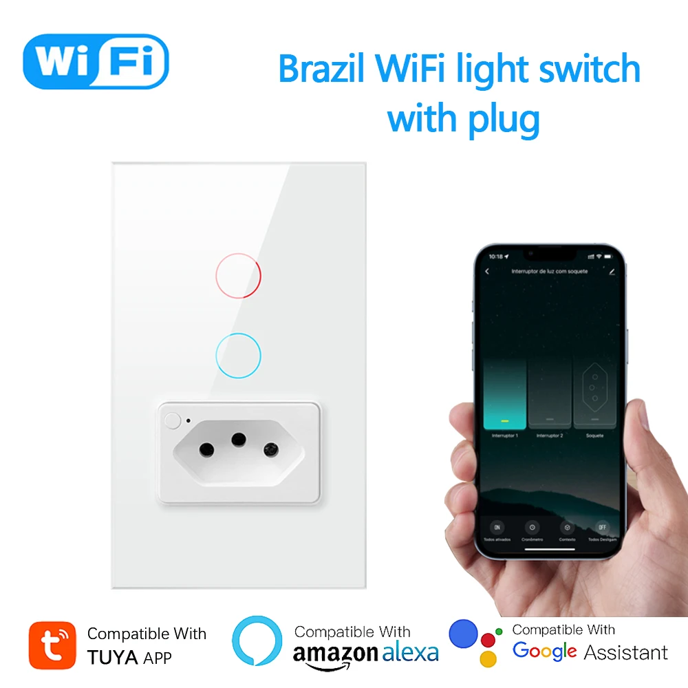 

Tuya WiFi Wall Light Switch With Socket 16A Brazil 2 in 1 Smart Life Plug Remote Timing Voice Control Via Alexa Google Home