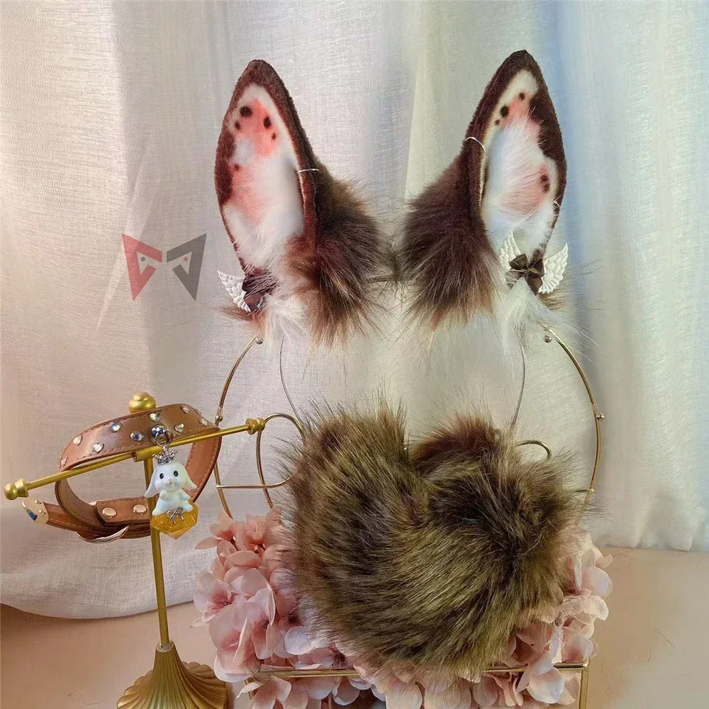 

New Handmade Work Brown Bunny Rabbit Ears Hairhoop Tail Necklace Earrings Cosplay Lolita Acessories Headwear