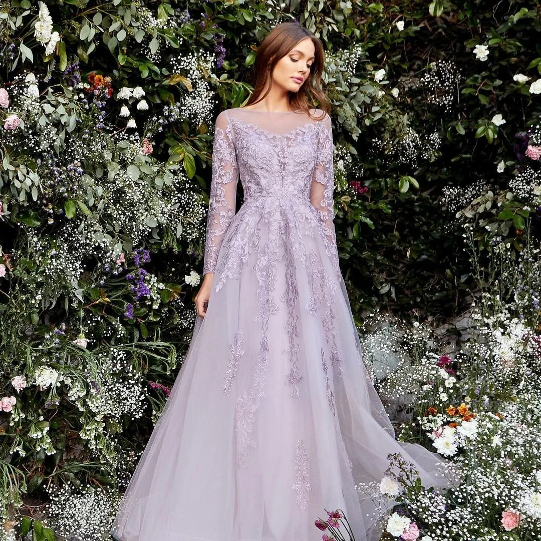 

202022 Couture Tulle Party Dressse Long Sleeves Appliques Violet Prom Gowns Elegant robes de soirée Pageant Formal Dress Custom