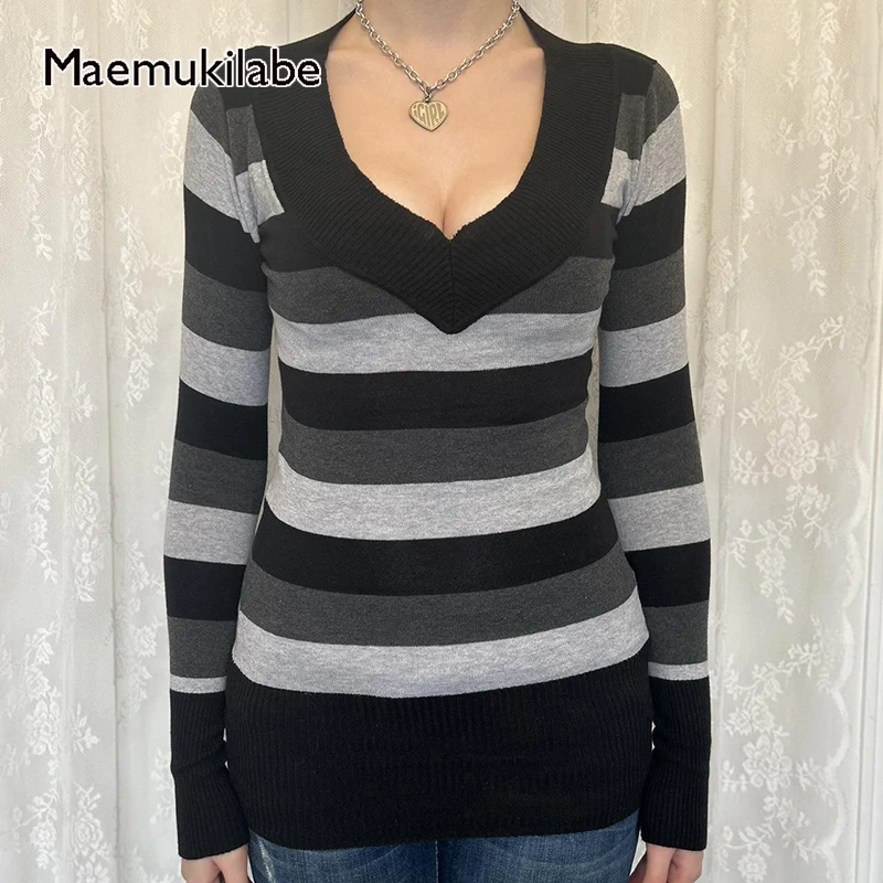 

Maemukilabe Y2K полосатая вязаная футболка Фея гранж с длинным рукавом V-образный вырез свитер для женщин осень 00-х винтажный коттедж пуловеры Топы