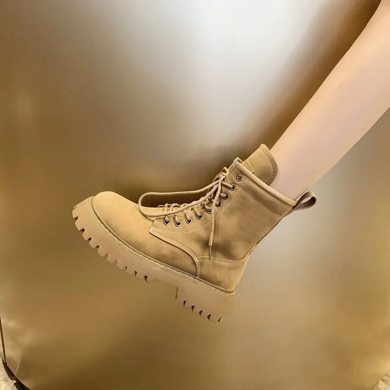 2022 Women Boots Cow Suede Leather Motorcycle Boots Lace-up Shoes Med Heel Ladies Ankle Boots Autumn Woman Shoes Botas De Mujer