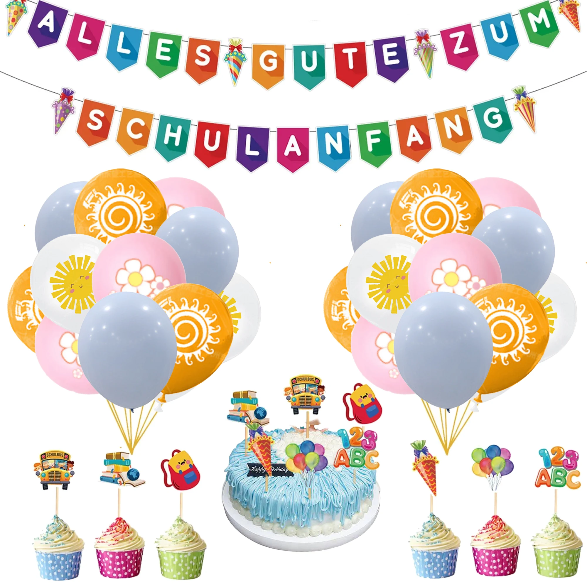 

JOYMEMO German Back To School Season Party Decorations Supplies Schulanfang Banner Sunshine Flower Balloon Set Cake Toppers