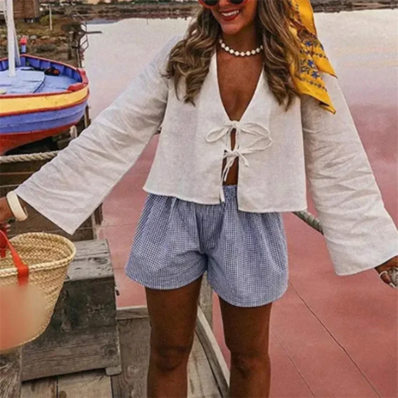 Женская однотонная повседневная рубашка с глубоким v-образным вырезом на