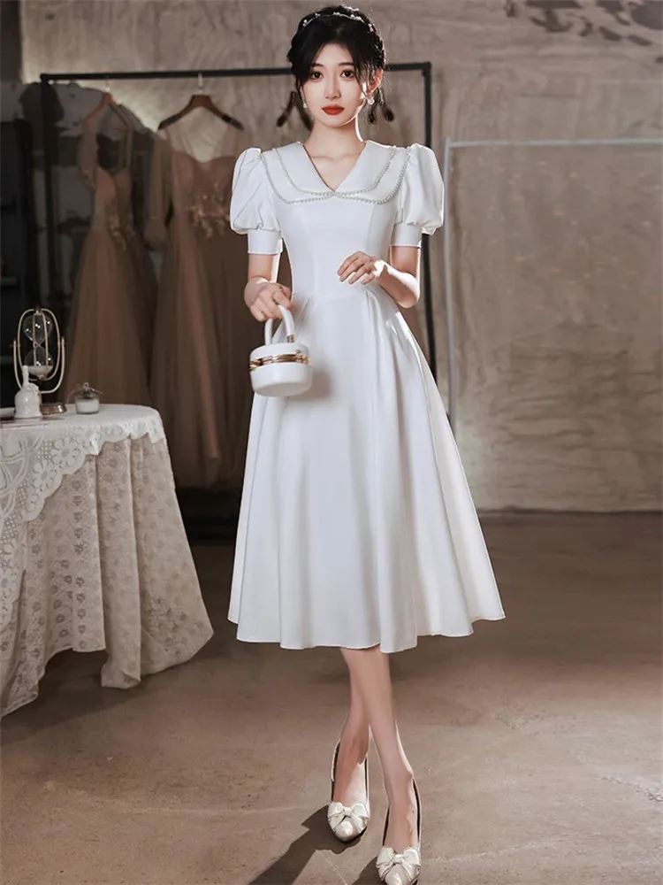 

Женское платье с коротким рукавом, белое элегантное однотонное ТРАПЕЦИЕВИДНОЕ ПЛАТЬЕ средней длины с V-образным вырезом и бусинами, A136