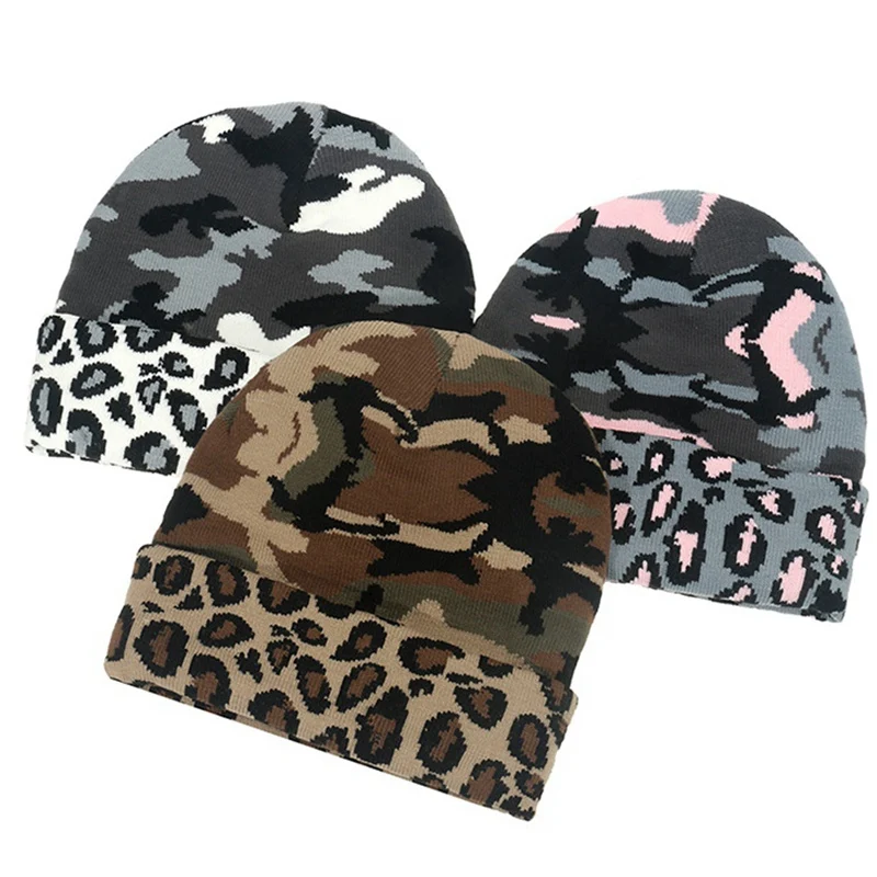 

Leopard Print Camouflage Knitting Keep Warm Women Beanie Elasticity Outdoor Ride Unisex Crimping Knitted Hat Ski Cap