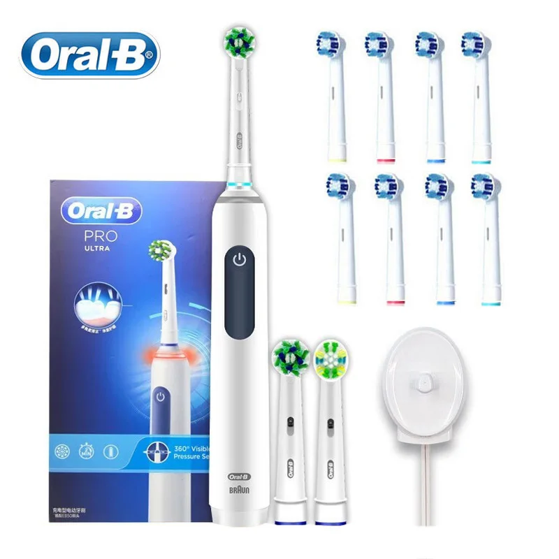 Электрическая зубная щетка Oral B Pro 4 Ultra 3D, умный таймер давления, водонепроницаемая с 8 сменными насадками в подарок, 30 с, напоминание
