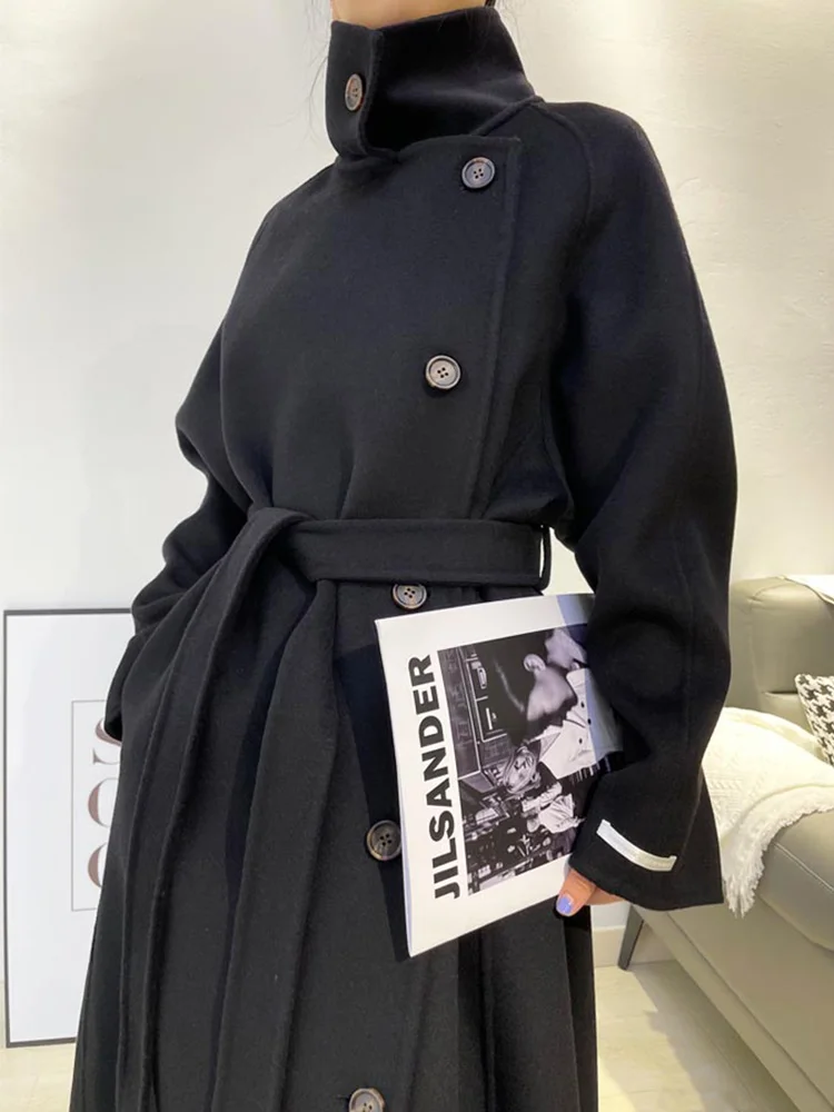 Высококачественное черное двустороннее шерстяное пальто ручной работы женское