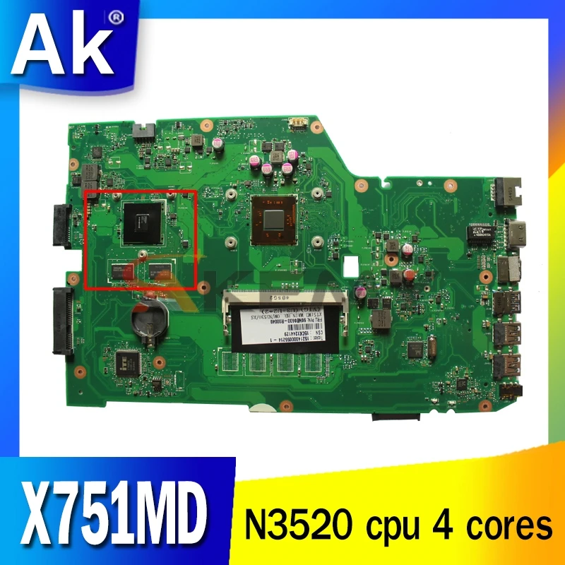 

Материнская плата Akemy X751MD для ноутбука Asus X751MD X751MJ X751M K751M, протестированная оригинальная материнская плата N3520, 4-ядерный процессор 2,167 ГГц