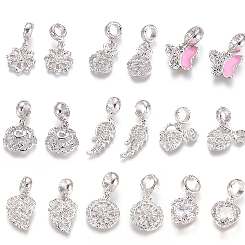 

10pcs Brass Crystal Cubic Zirconia European Dangle Charms Beads Large Hole Pendants Flower for Jewelry Making DIY Bracelet