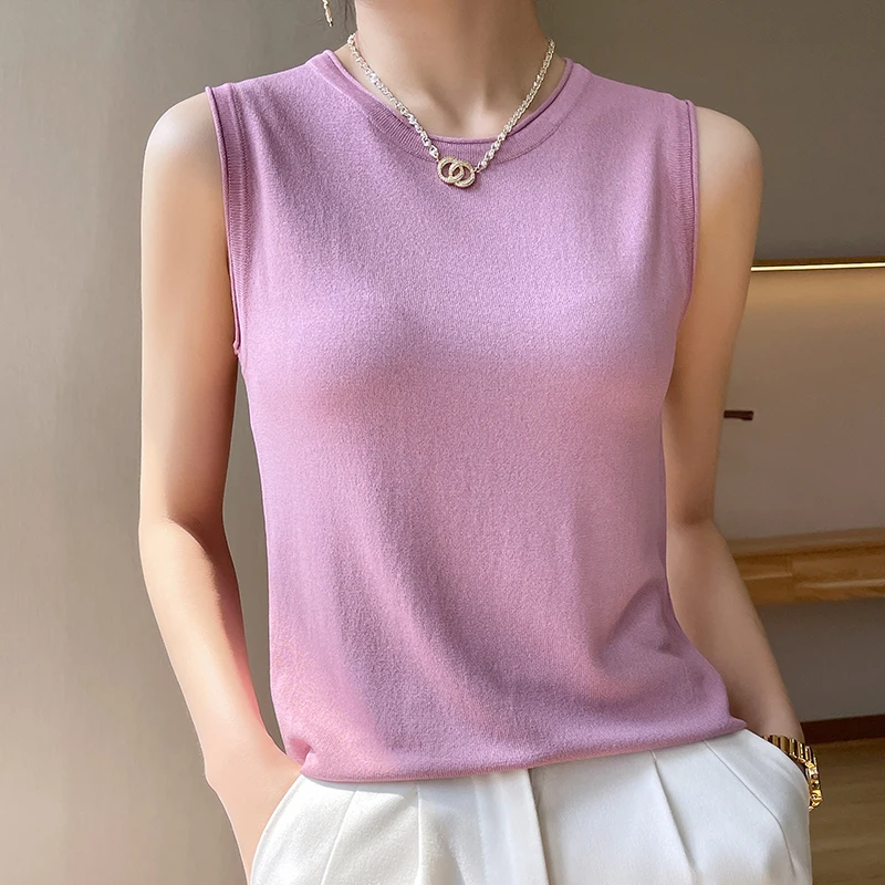 

100% позитивная Женская шелковая кофта с круглым вырезом, трикотажная модная нижняя рубашка без рукавов