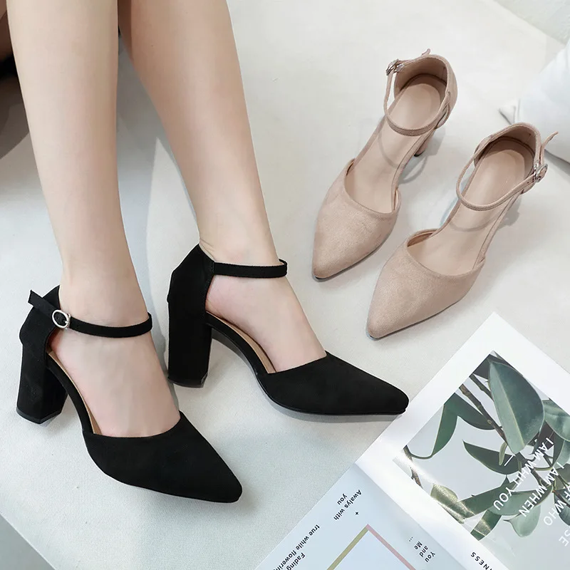 

Туфли женские классические на квадратном каблуке, офисные туфли-лодочки из флока, цвет черный, лето