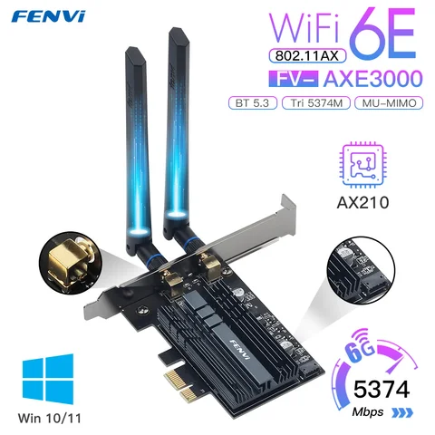 Fenvi 5374 Мбит/с WiFi 6E Intel AX210 PCIe беспроводной WiFi адаптер 2,4G/5G/6 ГГц 802.11AX для Bluetooth 5,3 AX200 WiFi 6 карт ПК Win10