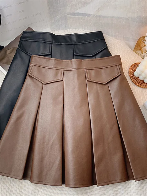 Yitimoky Leather Pleated Skirts for Women Black Mini Skirt Office Lady Autumn Winter 2022 Korean Fashion Clothing A-line Casual 1