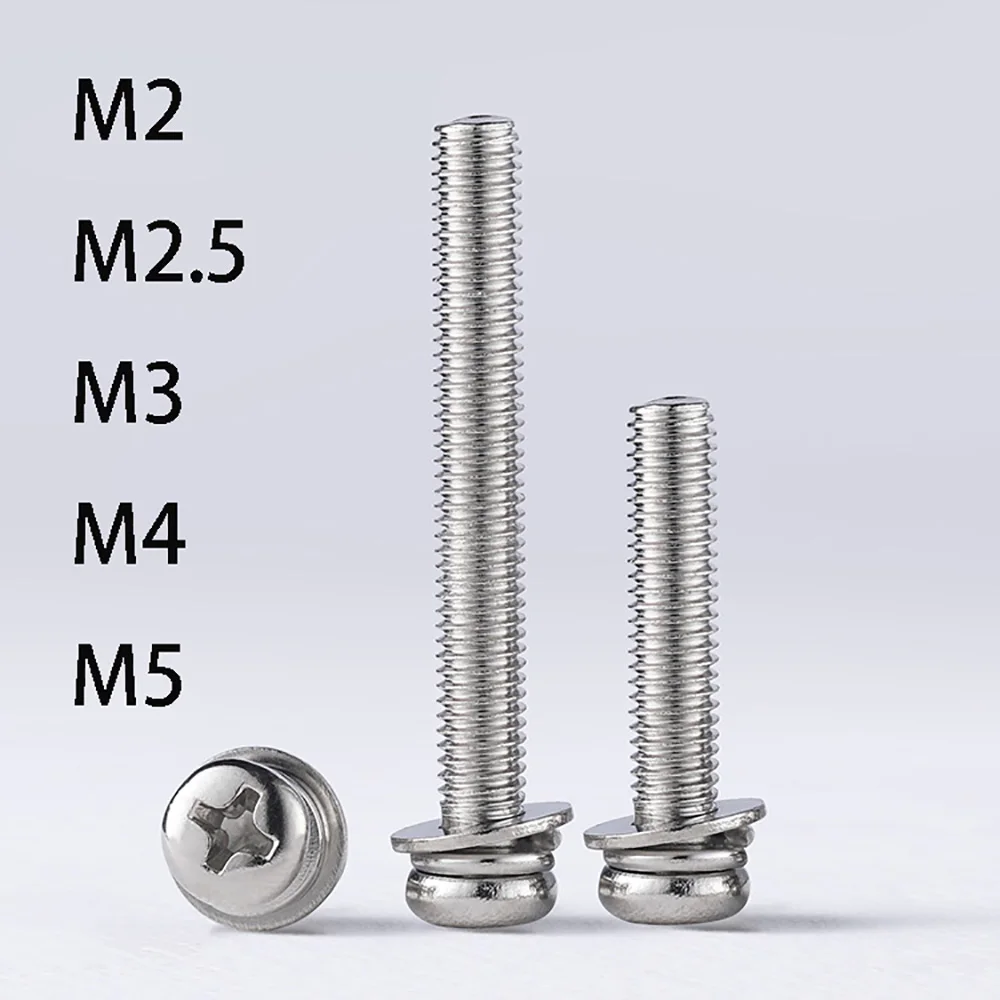 

Phillips Pan Head Three Combination Screw Bolt M2 M2.5 M3 M4 M5 304 Stainless Steel Cross Round Head With Washer Screws Bolts