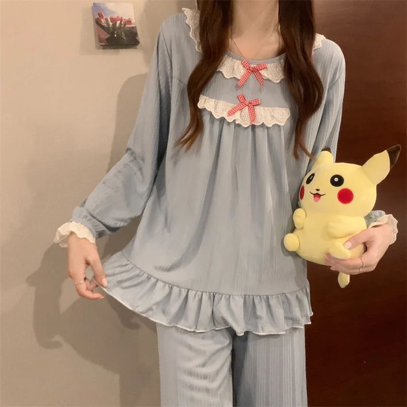 Pajamas Set Sexy Bow Sleepwear For Women Pink Elastic Pyjama Women's Polyester Fashion Sweet Homewear Clothes Big Size