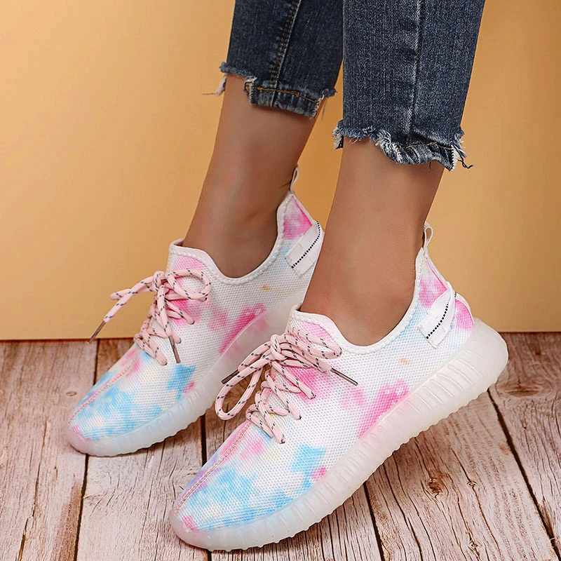 

Women Sneakers Lace Up Round Toe Mix Color Knitting Ladies Vulcanized Shoes Breathable Plus Size Comfort Female Walking Shoes