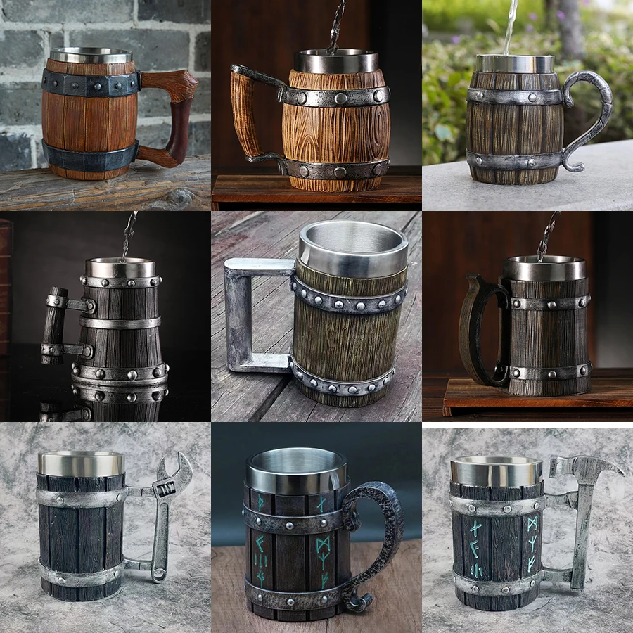 

600ml Handmade Imitation Wooded and Resin Beer Mugs Food Grade Stainless Steel Water Cups 2023 Large Capacity Bar Water Cup