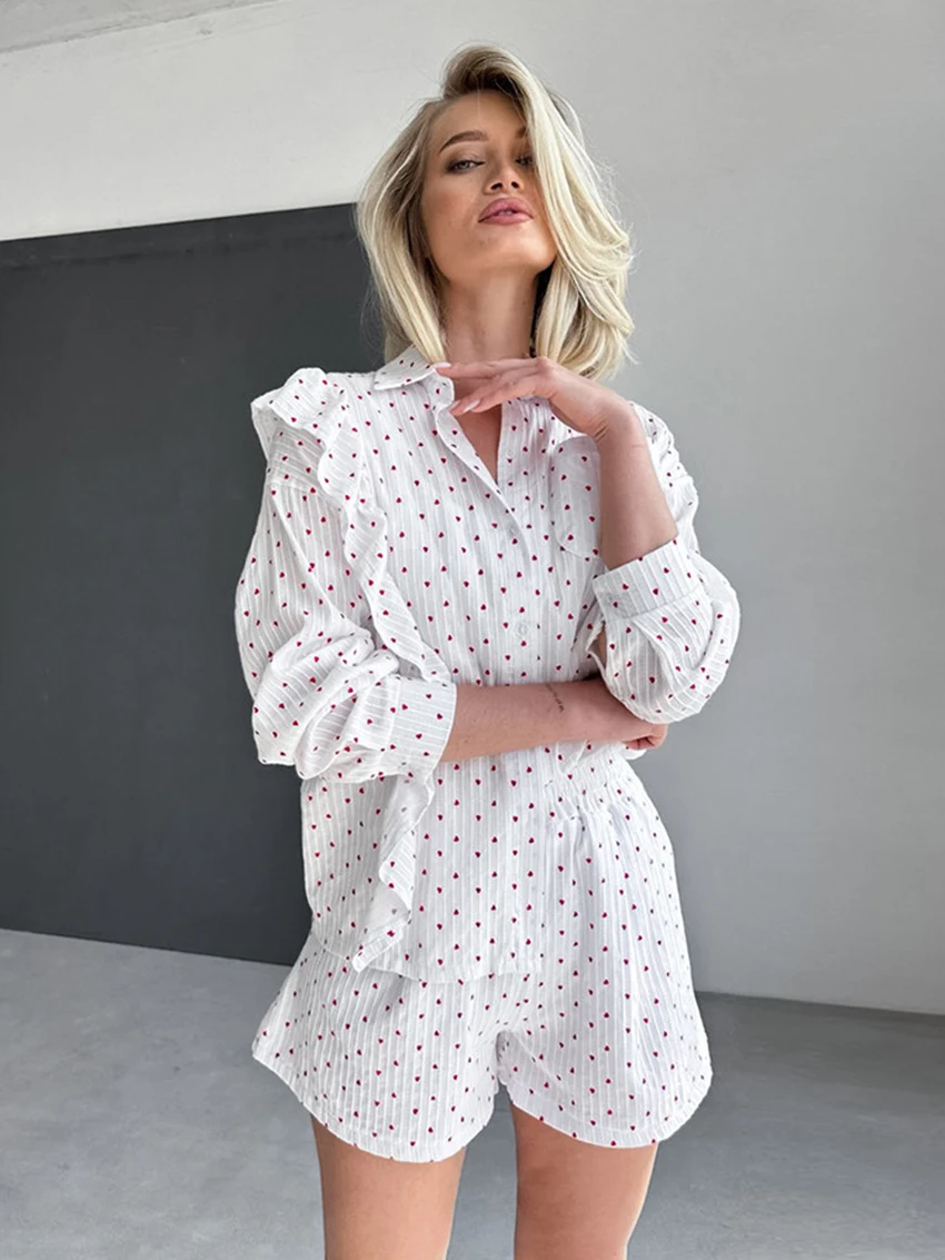 

Marthaqiqi Printing Ladies Sleepwear Set Long Sleeve Nightgowns Turn-Down Collar Nightwear Shorts Cotton Loose Femme Pajama Suit