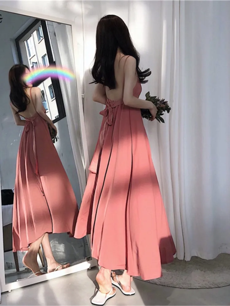 

Women Summer Dress Sexy Spaghetti Strap Backless Back Belt Long Dress Retro Temperament Strapless Beach Dress Female Vestidos