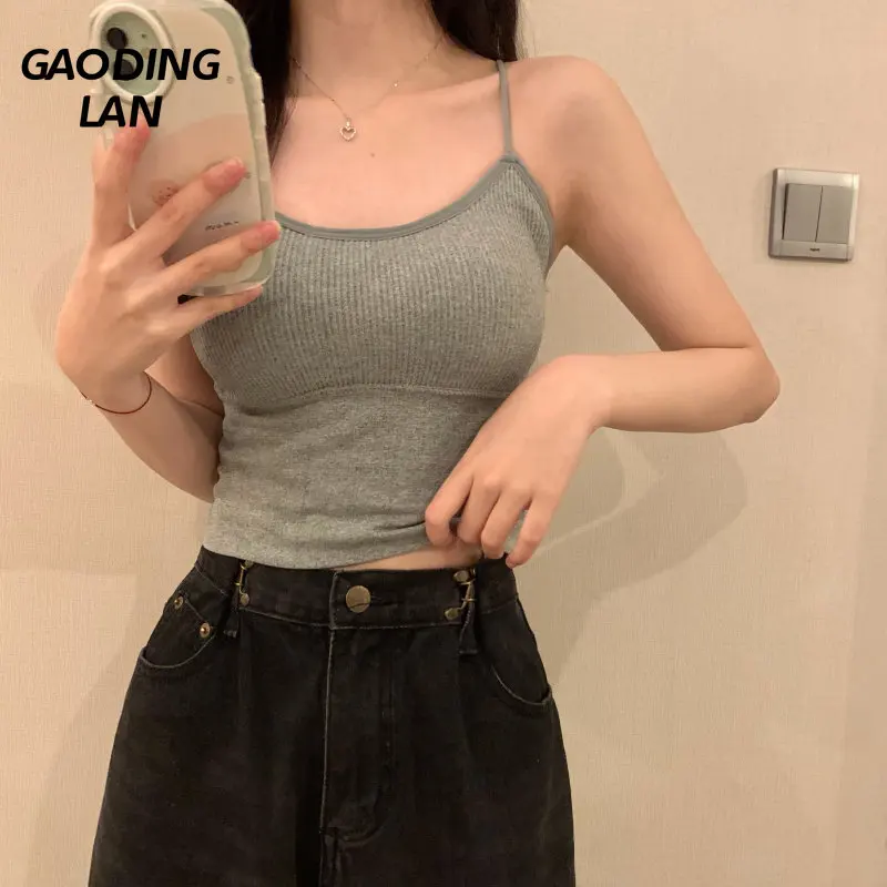 

Gaodinglan Summer Solid Color Women Bottom Tops with Chest Pad Sexy Camis Female High Streetwear Short Navel Beauty Back Tanks