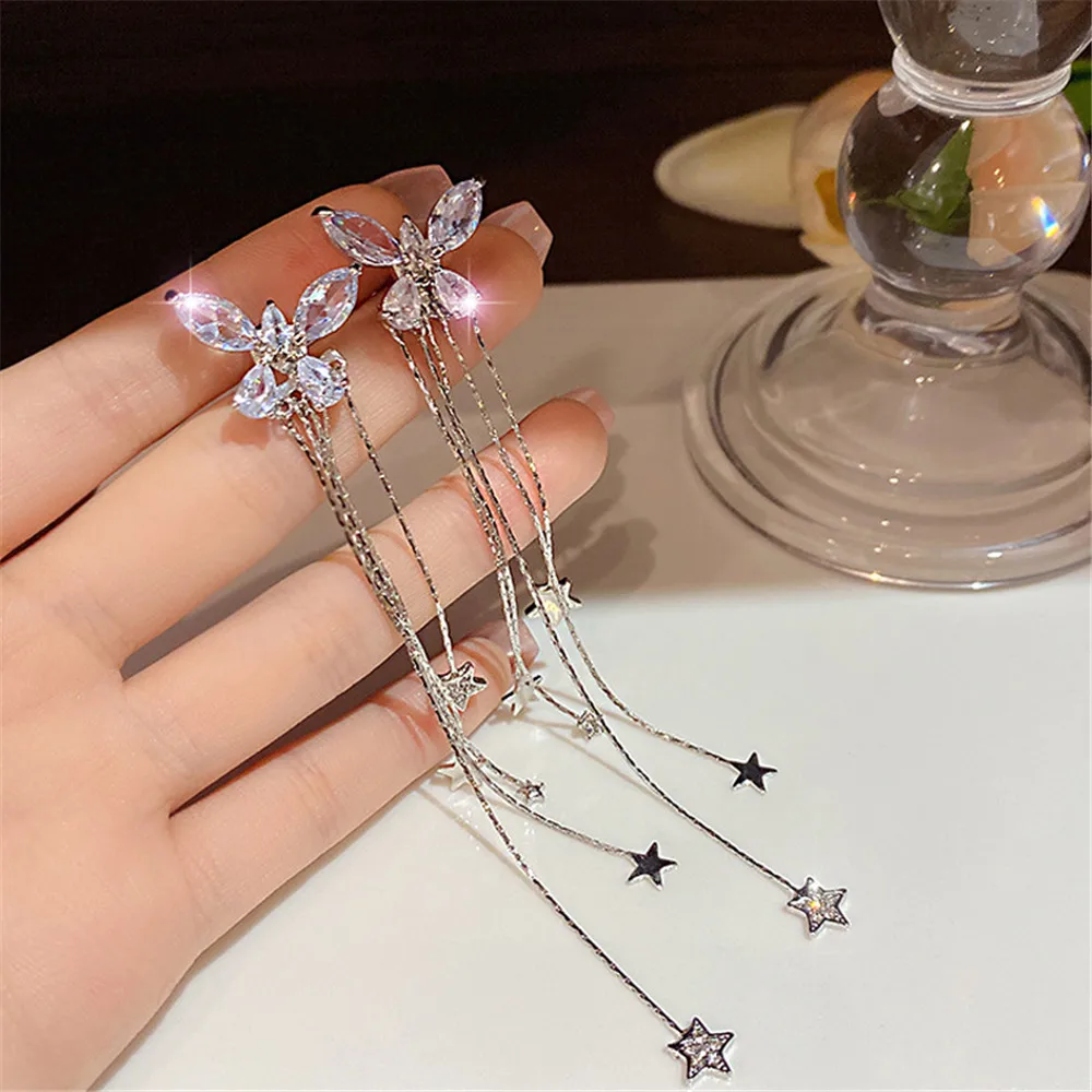 

2023 New Exquisite Zircon Butterfly Tassel Earrings Feminine Elegant Long Style Earrings S925 Silver Needle Wedding Jewelry