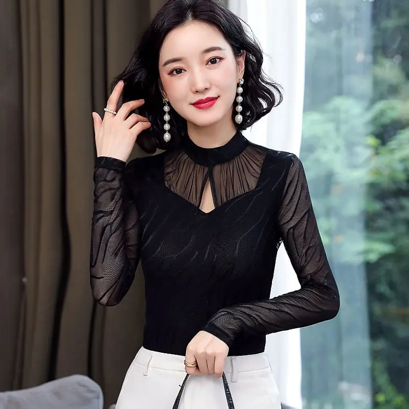 

Women Sexy Bottoming T-shirts 2022 Spring Autumn Winter Half High Collar Slim All-Match Tops Female Elegant Print Shirts A47